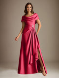 Plataz Scoop Floor-Length Stretch Satin Mother of the Bride Dress With Cascading HZ1007