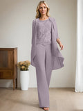 Plataz Jumpsuit/Pantsuit Scoop Floor-Length Chiffon Lace Mother of the Bride Dress With Beading HZ1007