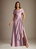 Plataz Scoop Floor-Length Stretch Satin Mother of the Bride Dress With Cascading HZ1007