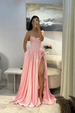 Vintage Pink Satin Strapless Evening Gown Beaded High Slit Party Dress Long Formal Dress HZ1024