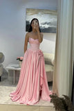 Vintage Pink Satin Strapless Evening Gown Beaded High Slit Party Dress Long Formal Dress HZ1024