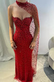 Vintage Red Glittering Beaded Evening Gown Sheath Strapless Sweetheart Party Dress Long Formal Dress HZ1024