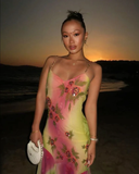 Plataz Green Gradient Beaded Spaghetti Strap Chiffon Long Ruffled Evening Dress Party Prom Dress HZ1007