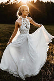 Plataz Halter Sleeveless Chiffon Long Beach Wedding Dress with Lace HZ1007