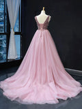 Plataz Line V Neck Tulle Beading Long Formal Prom Dresses with Corset HZ1007