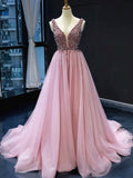 Plataz Line V Neck Tulle Beading Long Formal Prom Dresses with Corset HZ1007