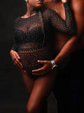 Plataz Black Rhinestone Fishnet Knitting Sheer Cut Out Photoshoot Short Jumpsuit Maternity Bodysuit Maternity