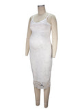 Plataz White Lace Spaghetti Strap Backless V-Neck Elegant Babyshower Party Maternity Midi Dress Maternity