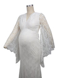 Plataz White Lace Trumpet V-Neck Flare Sleeve Bodycon Prom Wedding Gown Photoshoot Maternity Maxi Dress Maternity