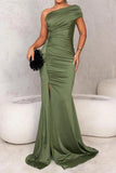 Plataz Prom Solid Color Slit Ruched Sloping Shoulder Evening HZ1007