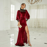 Plataz Long Sleeved Velvet Round Neck Split Evening Dress Bridesmaid Dress Women HZ1007