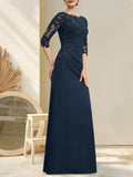 Plataz Scoop Floor-Length Chiffon Lace Mother of the Bride Dress With Beading Pleated HZ1007