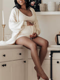Plataz Ivory Three-piece Cozy Knit Set Plus Size Crop Top Cardigan Fluffy Loungewear Casual Daily Maternity Outfit Maternity