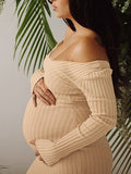 Plataz Apricot Off Shoulder Boat Neck Elegant Long Sleeve Baby Shower Maternity Photoshoot Sweater Dress Maternity