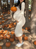 Plataz Solid Knitted Rib Fabric Off Shoulder V-neck Fall Fashion Maternity Photoshoot Maxi Dress Maternity