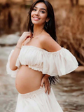 Plataz Solid Color Bohemian Off Shoulder Backless Ruffle 2 piece set Photoshoot Maternity Maxi Dress Maternity