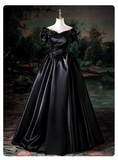 Elegant Black Satin Sweet 16 Quinceanera A-Line Off-the-shoulder Evening Dress Ruffled Ball Gown HZ1024