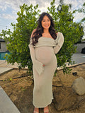 Plataz Green Knit Off Shoulder Flare Sleeve Bodycon Elegant Going Out Maternity Photoshoot Maxi Sweater Dress Maternity