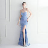 Plataz Bottom Sequin Halter Spaghetti Straps Nightclub Dress Long Fish Tail Evening HZ1007