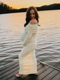 Plataz Yellow Knit Off Shoulder Flare Sleeve Mermaid Bodycon Elegant Vacation Photoshoot Baby Shower Maternity Maxi Dress Maternity