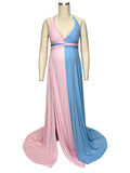 Plataz Pink&Blue Lace Backless Side Slit Gender Reveal Cute Maternity Maxi Dress Maternity