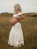 Plataz White 2-in-1 Lace Cut Out Off Shoulder Tie Elegant Flowy Vacation Photoshoot Maternity Maxi Dress Maternity
