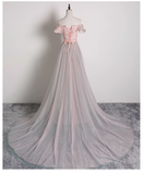 Vintage Pink Floral Applique A-Line Evening Gown Tulle Off-the-shoulder Party Dress Long Formal Dress HZ1024