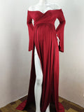 Plataz Solid Off Shoulder V-neck Slit Flare Sleeve Party Long Train Gown Maternity Photoshoot Maxi Dress Maternity
