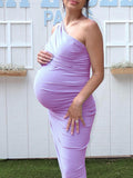 Plataz Lavender One Shoulder Ruched Shirred Bodycon Baby Shower Maternity Midi Dress Maternity