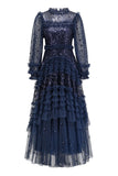 Plataz Sequin Polka Dot Ruffle Mock Neck Tiered Tulle Maxi Evening HZ1007