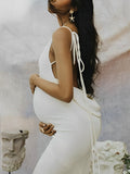 Plataz White Bodycon Backless Draped Spaghetti Strap Lace Up Photoshoot Party Maternity Maxi Dress Maternity