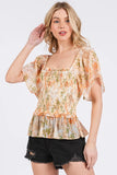 Plataz Floral Chiffon Smocked Square Neck Peplum Top DJPT