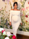 Plataz Elegant White Off Shoulder Bodycon Mermaid Falbala Floor Mopping Babyshower Maternity Photoshoot Maxi Dress Maternity