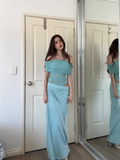 Chic Turquoise Sheath Evening Gown Off-the-shoulder Party Dress Tulle Long Formal Dress HZ1024