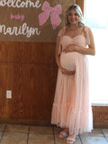 Plataz Light Pink Polka Dot Bow Ruffle Falbala Tie-Shoulder A-line Tulle Princess Dress Maxi Dress Maternity
