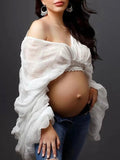 Plataz Belly Friendly Loose Puff Sleeve Props Accessories Sheer Photography Babyshower Maternity Pleated Top Maternity