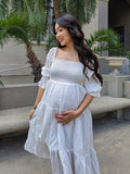 Plataz White Off Shoulder Ruffle Shirred Boat Neck Puff Sleeve Bow Bohemian Ivory Maternity Photoshoot Dress Maternity