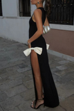 Plataz Solid Color Slit Bow Decor O Neck Evening HZ1007
