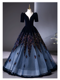 Vintage Navy Blue Velvet Beaded Sweet 16 Quinceanera A-Line V-neck Short-sleeved Evening Dress Long Ball Gown HZ1024