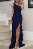 Plataz Solid Flounce Slit One Shoulder Evening Dress Dresses(8 HZ1007