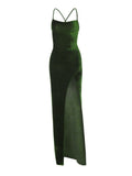 Plataz Up Green Velvet Strap Maxi Dress For Women Side Slit Backless Bodycon Sexy Prom Dress Outfit Elegant Birthday HZ1007