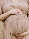 Plataz Khaki Bohemian Drawstring Single Breasted Maternity Photoshoot Baby Shower Maxi Dress Maternity