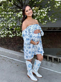 Plataz Blue Floral Ruched Off Shoulder A-line Puff Sleeve Sweet Going Out Maternity Photoshoot Baby Shower Mini Dress Maternity