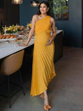 Plataz Yellow Pleated Cut Out One Shoulder Big Swing Plus Size Elegant Maternity Photoshoot Baby Shower Maxi Dress Maternity