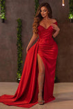 Vintage Red Sheath Satin Prom Dress Off-the-shoulder Evening Gown High Slit Party Dress Long Formal Dress HZ1024