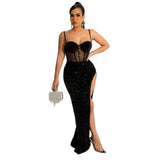 Plataz Spaghetti Straps Chest Wrap Maxi Dress Sequined Lining Sexy Evening Dress Dress with Chest HZ1007