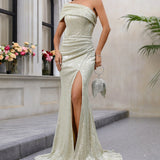 Plataz Women Clothing Sequined One Shoulder Dress Waist Slimming Shoulder Sleeveless Party Cocktail Evening HZ1007