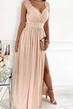 Plataz Solid Slit V Neck Evening Dress Dresses(3 HZ1007