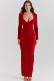 Plataz Sweetheart Neck Long Sleeve Velvet Bodycon Maxi Evening Dress - HZ1007