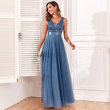 Plataz Stretch Waist Sleeveless V Neck Evening Dress with Tulle Embroidery ¨C Elegant, Long, and Swingy Party HZ1007